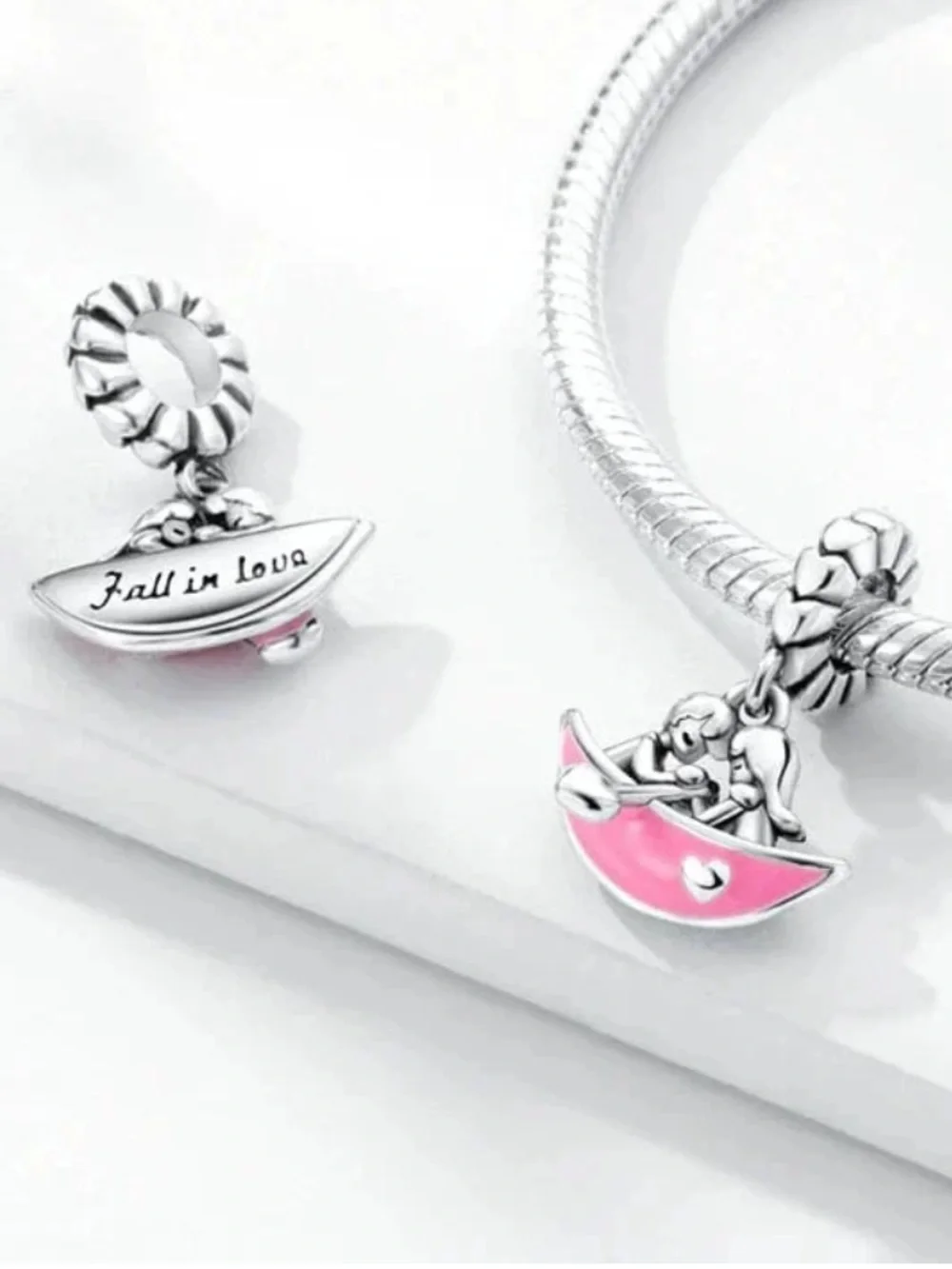 Sterling Silver “Fall in Love”Pink Boat Dangle Charm